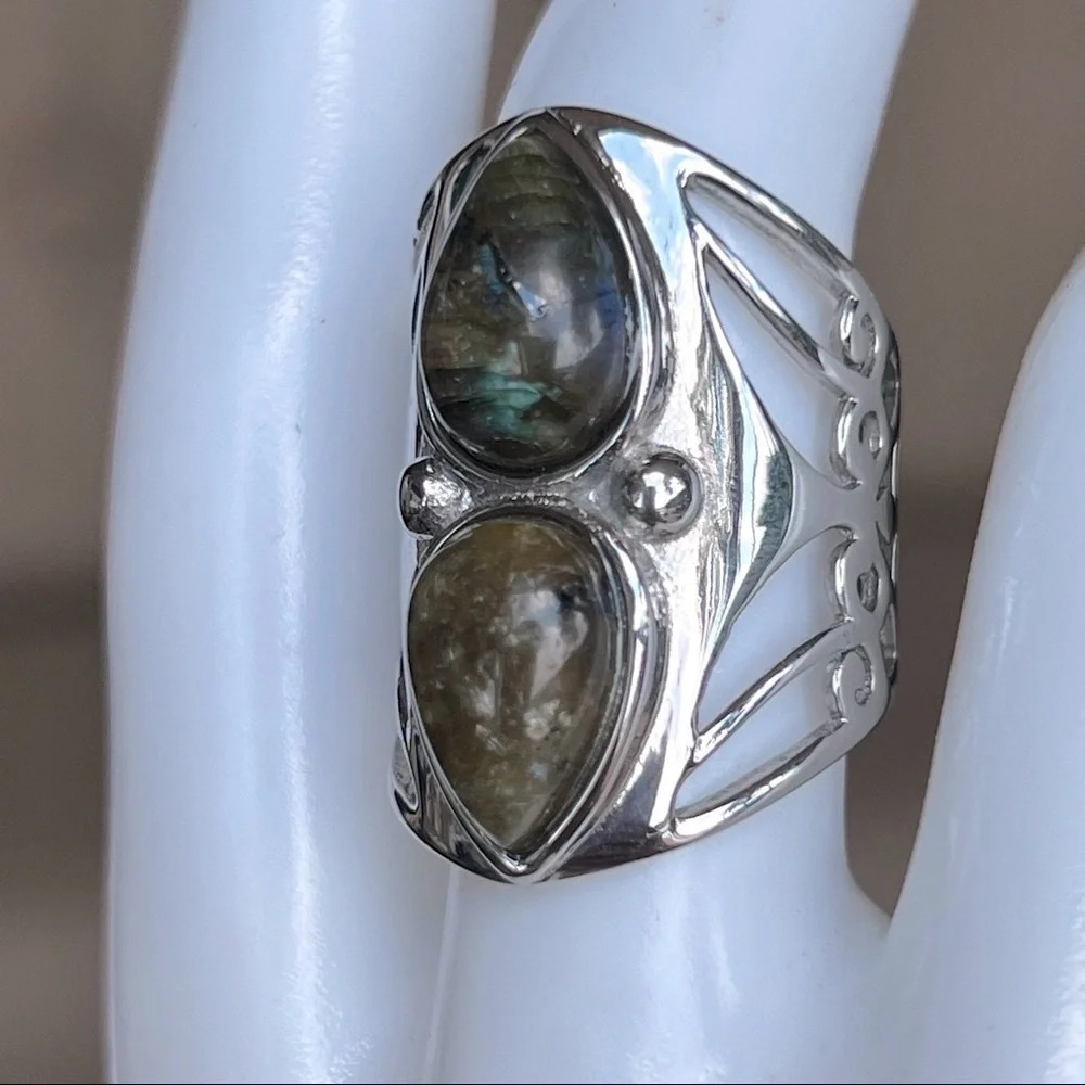Malagasy Labradorite Large Open Framework Statement Ring Sz 8